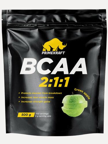 Изображение товара Аминокислота Prime Kraft BCAA, изолейцин, лейцин, валин, 500 г, порошок, зеленое яблоко