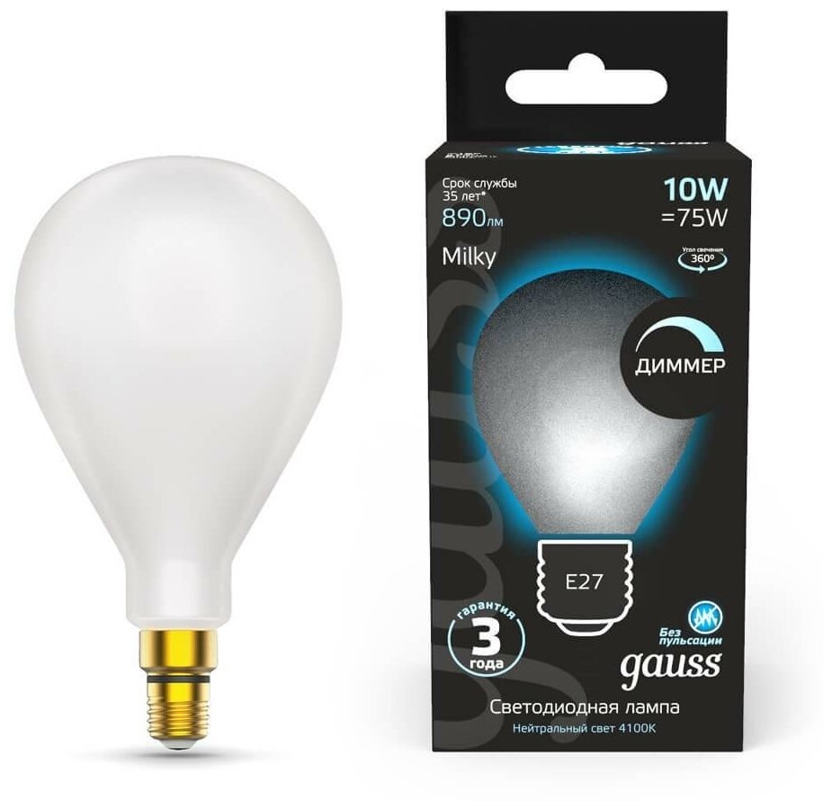 Лампа светодиодная Gauss Filament 179202210-D 10Вт цок: E27 груша 220B 4100K св. свеч. бел. нейт. (упак