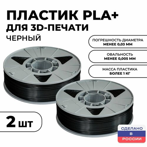 Пластик для 3D принтера PLA (ПЛА) ИКЦ, филамент для 3Д печати, 2 катушки, 1,75 мм, 2 кг, черный черный, черный