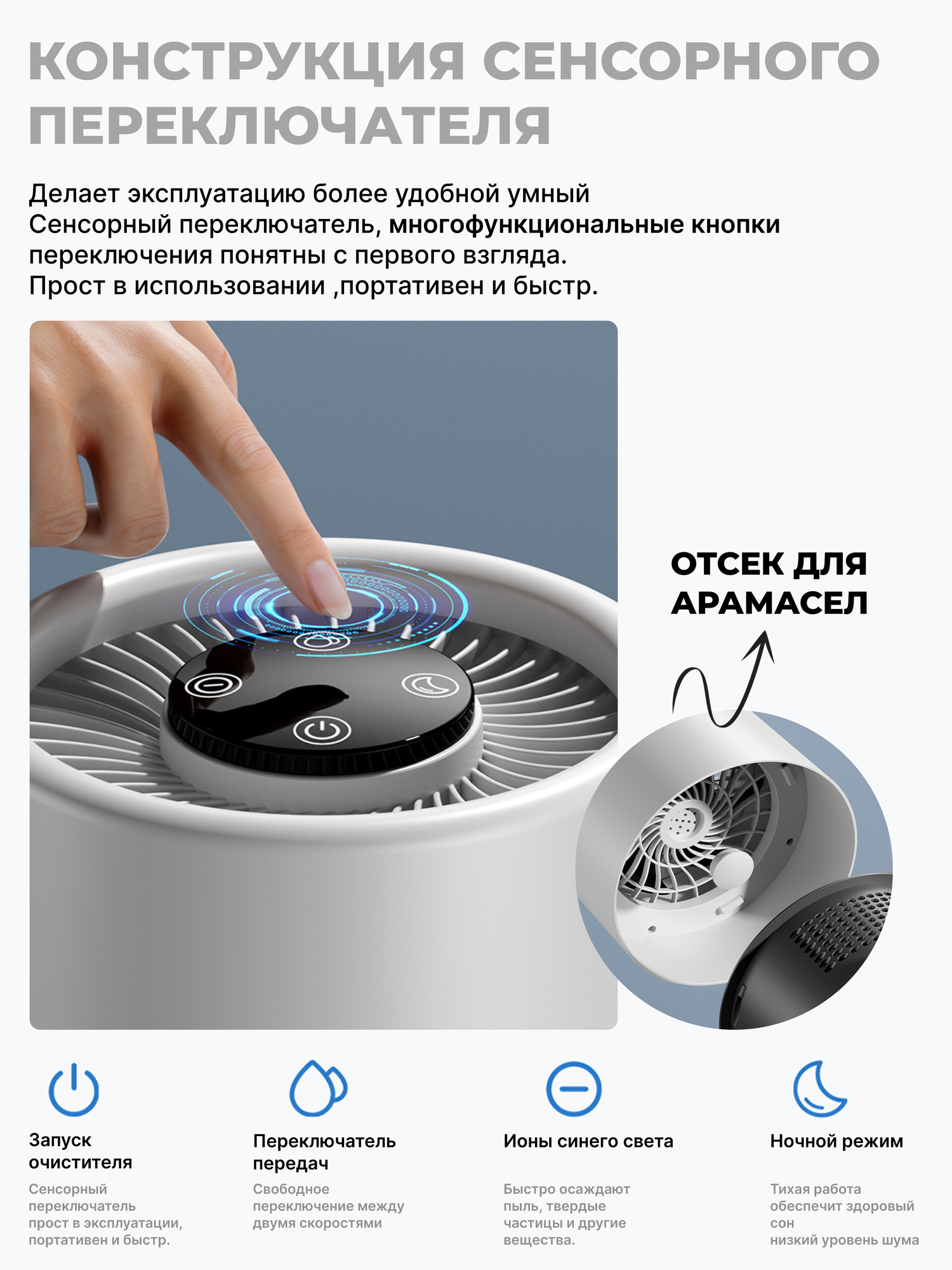 Очиститель воздуха , HEPA-фильтр, 150м³/час, площадь 40м², белый — фото 1