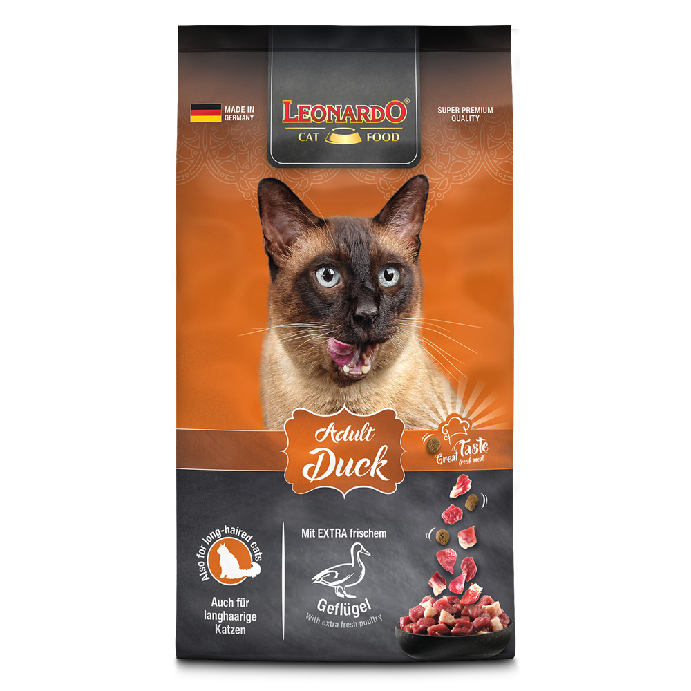 Сухой корм LEONARDO Adult Duck для кошек для вывода шерсти из желудка с уткой 15кг