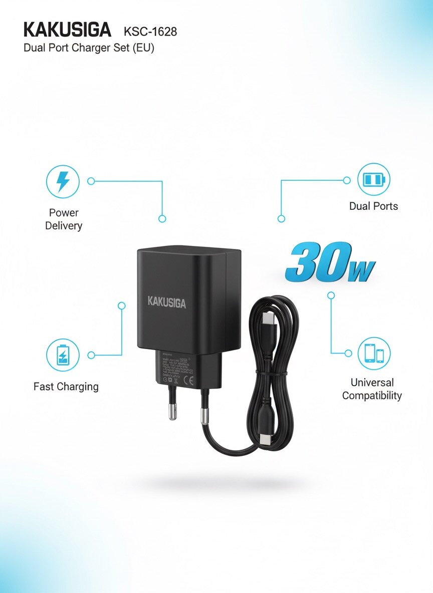 Адаптер KAKUSIGA, для быстрой зарядки, CAT8, 30Вт, 2 порта, Type-C/Lightning, черный
