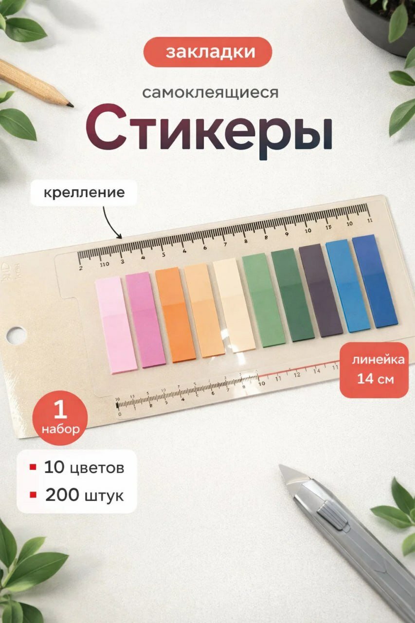 Самоклеящиеся закладки-стикеры (10 цветов, 200 штук, линейка 14 см)