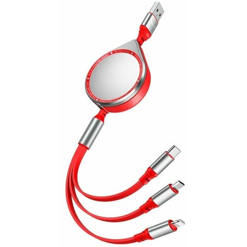 Кабель для зарядки телефона Recci RTC-T13 Rainbow USB to Type-C+Lightning+Micro-USB, 1.2 метра, 3A - Красный кабель для зарядки телефона recci rtc t02 tube usb to type c lightning micro usb 1 2 метра 3а красный