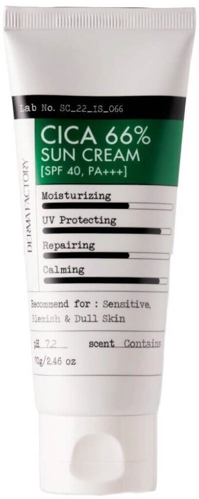 Derma Factory Успокаивающий солнцезащитный крем для лица с экстрактом центеллы азиатской Cica 66% Sun Cream SPF 40 PA+++, 70г