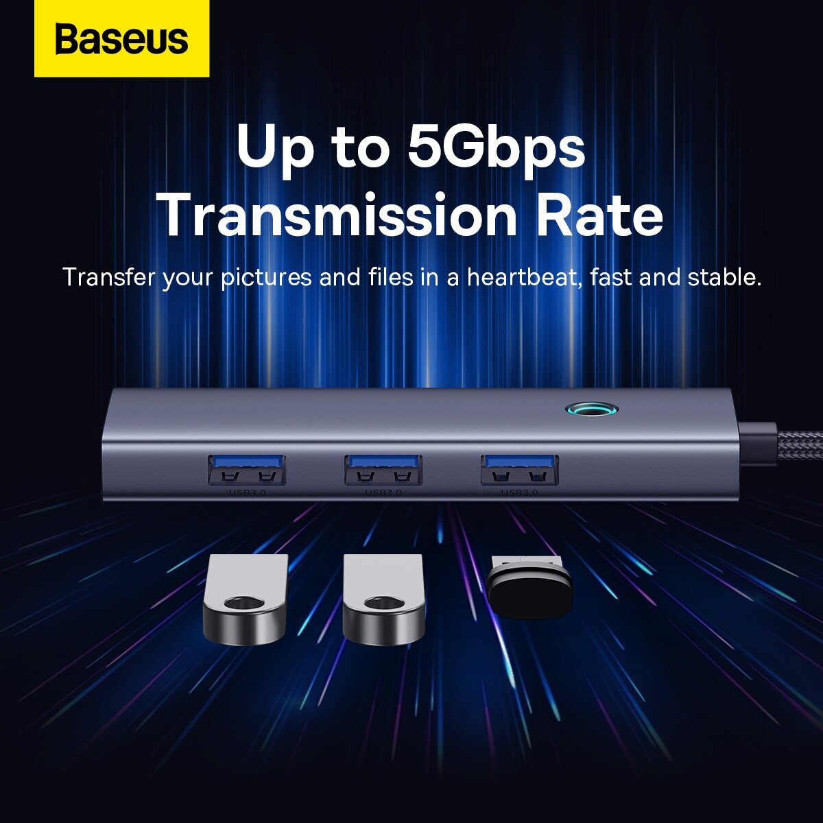 Хаб OS-Baseus Flite Series 4-Port HUB (Type-C to USB30*3+RJ45*1) Серый (B0005280A813-00)