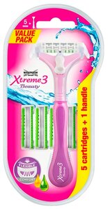 Фото Женский бритвенный станок WILKINSON SWORD Schick XTREME3 BEAUTY (1 станок, 5 сменных кассет), 3- лезв плавающая головка, увл. полоска, прорезиненная ручка