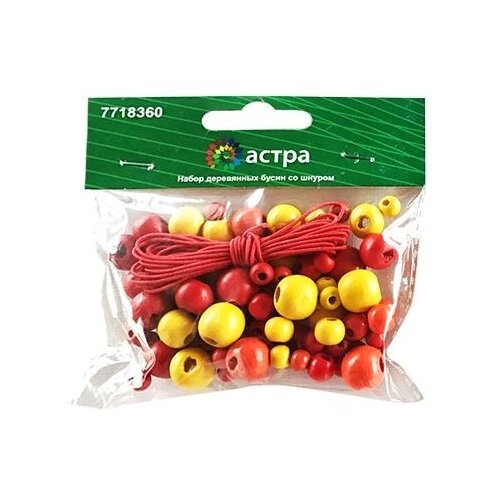 фото Набор деревянных бусин со шнуром, красный микс, 6,8,10,12 мм, 90 штук, арт. 160814 astra & craft