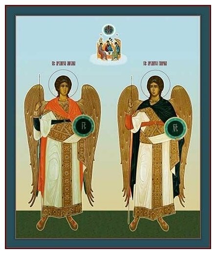 Освященная икона на дереве ручной работы - Михаил и Гавриил, архангелы, 20x20x3 см, арт Ик19640