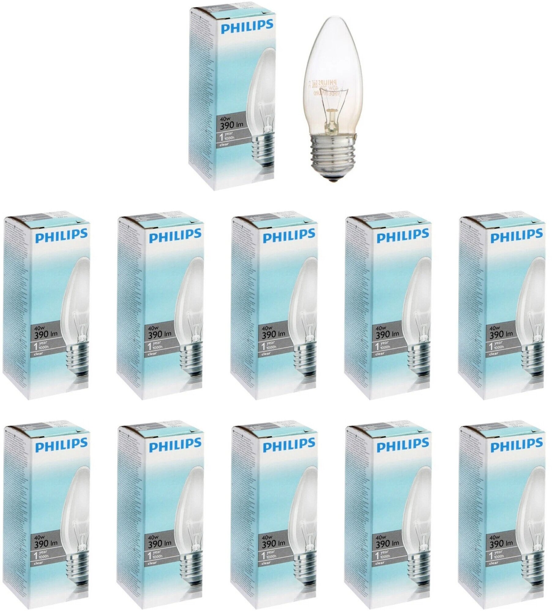 Лампочка накаливания Philips Свеча B E27 40Вт 220В 2700К Теплый белый Диммируемая упаковка 10шт