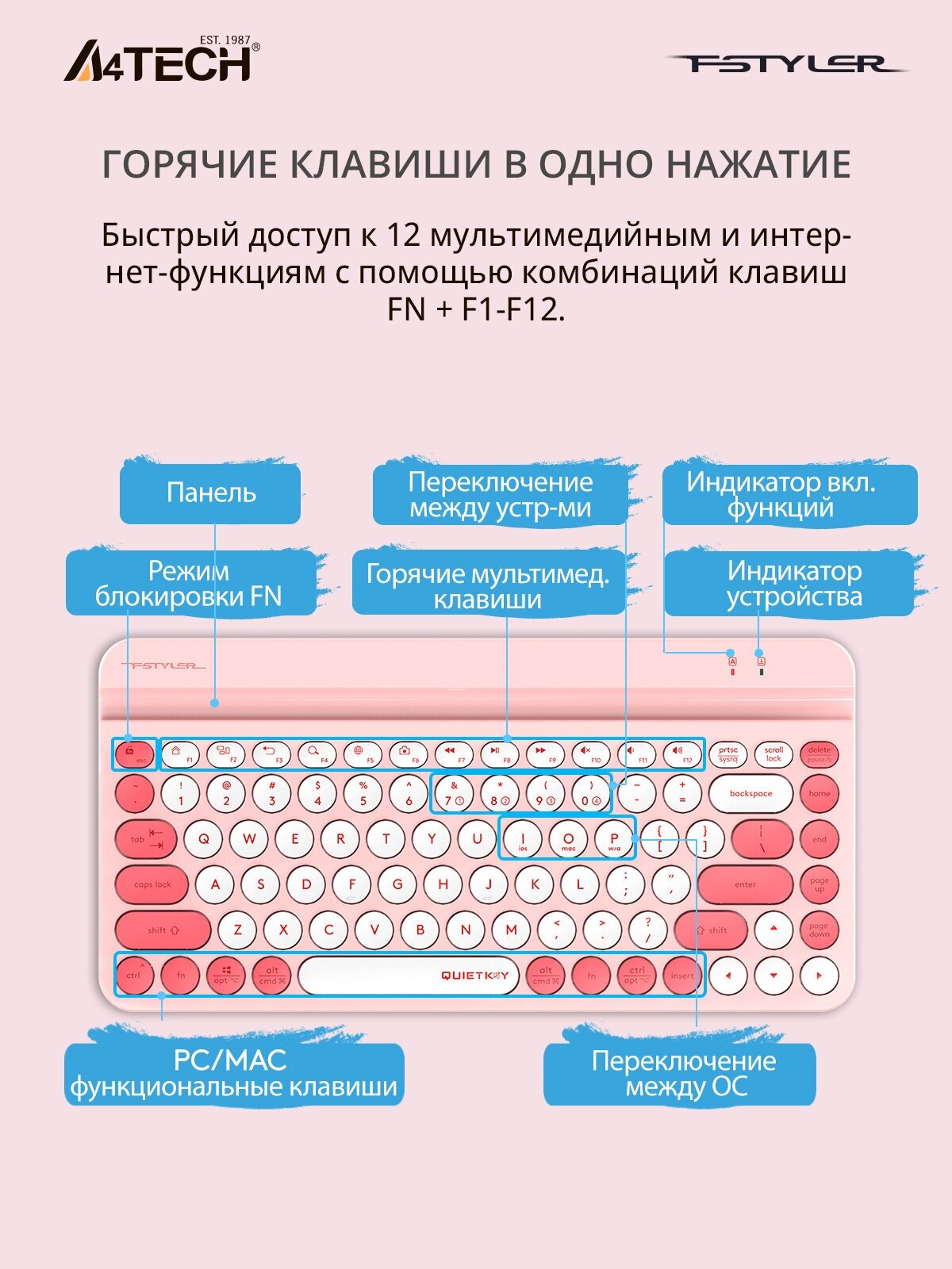 Клавиатура A4Tech Fstyler FBK30 розовый (fbk30 raspberry) - фото №11