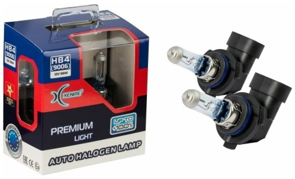 Лампа 12V HB4(9006) 55W P22d +100% 3600К бокс (2шт.) Premium XENITE