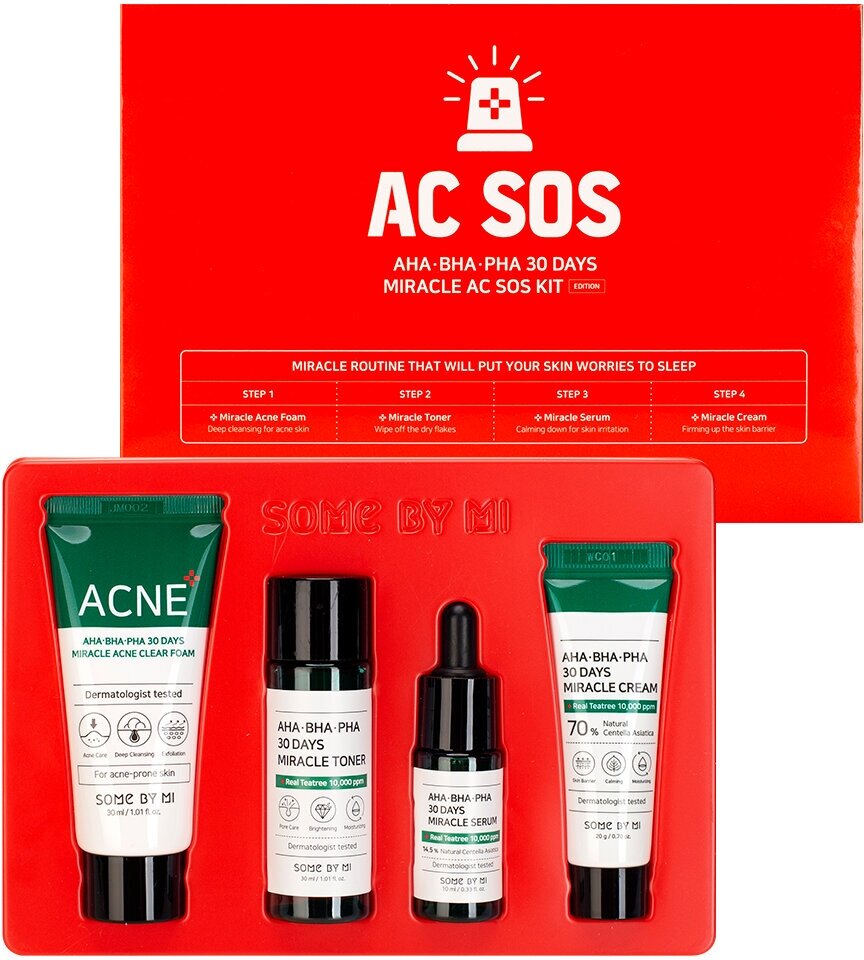 Набор миниатюр для лица с кислотами Some By Mi AHA?BHA?PHA 30 Days Miracle AC SOS Kit, тонер 30мл, сыворотка 10мл, крем 20г, пенка 30мл - фото №15