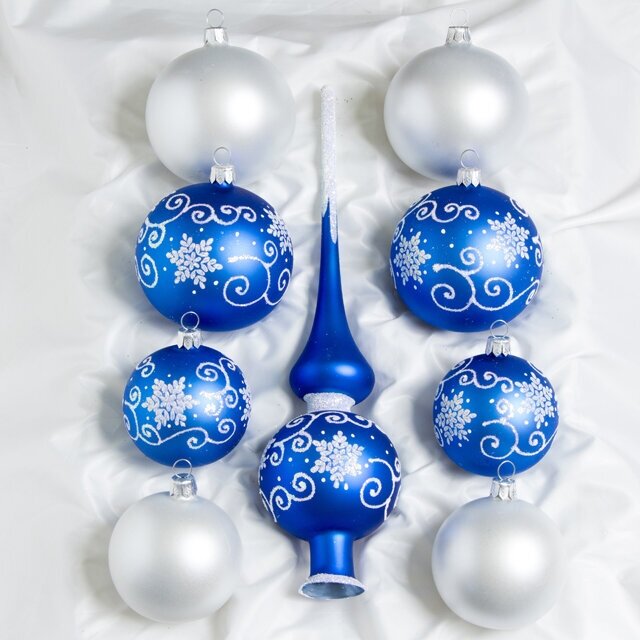 Елочка Набор стеклянных елочных шаров с верхушкой Сувенирный белый с синим С 829