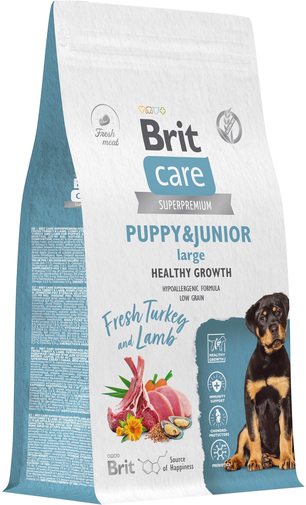 Сухой корм для щенков крупных пород Brit Care Dog Puppy&Junior L Healthy Growth​, с индейкой и ягненком 1,5 кг