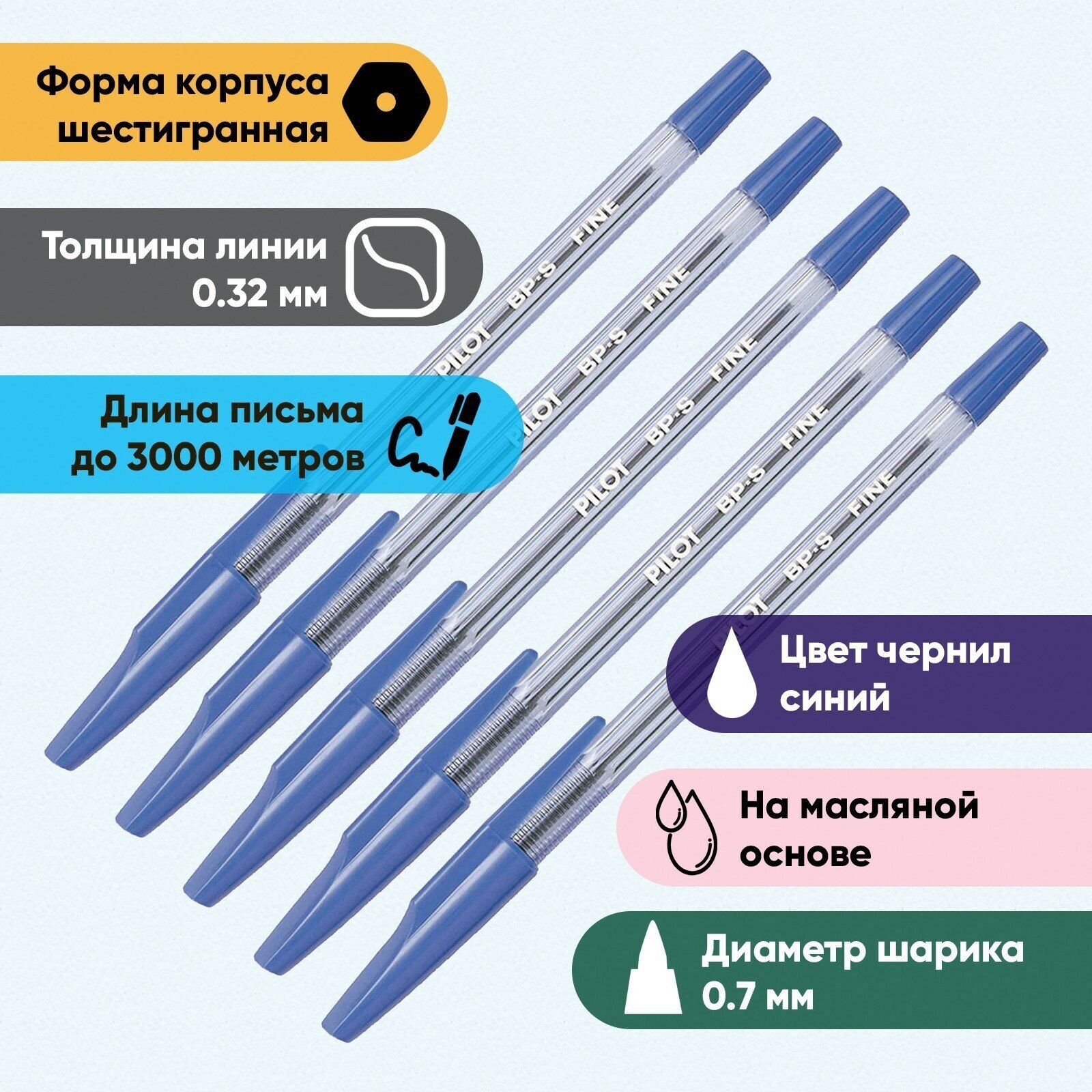 Набор ручек шариковых BP-SF, пишущий узел 0.7 мм, чернила синие на масляной основе, металлический наконечник, 5 штук