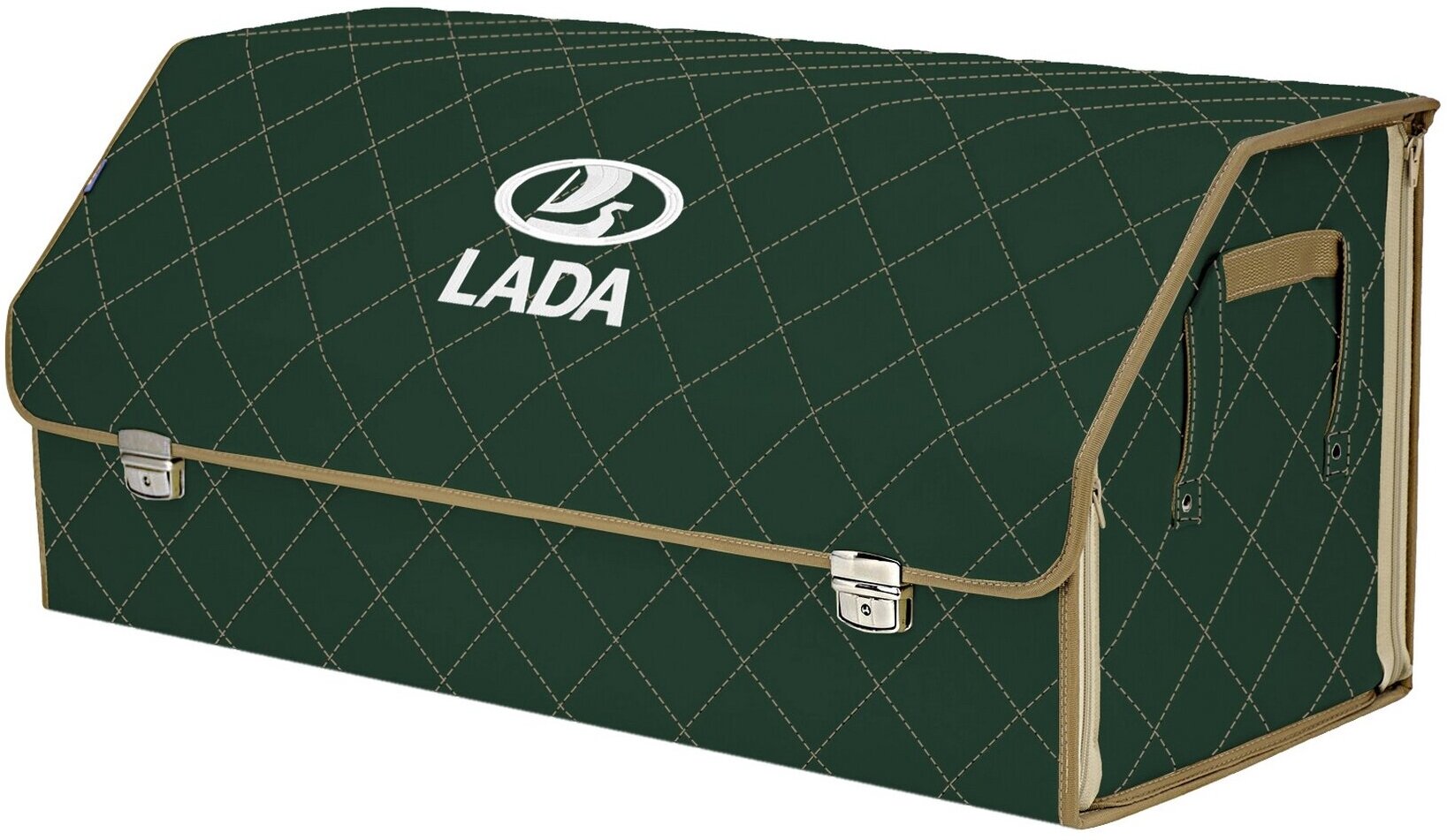 Органайзер-саквояж в багажник "Союз Премиум" (размер XXL). Цвет: зеленый с бежевой прострочкой Ромб и вышивкой LADA (лада).