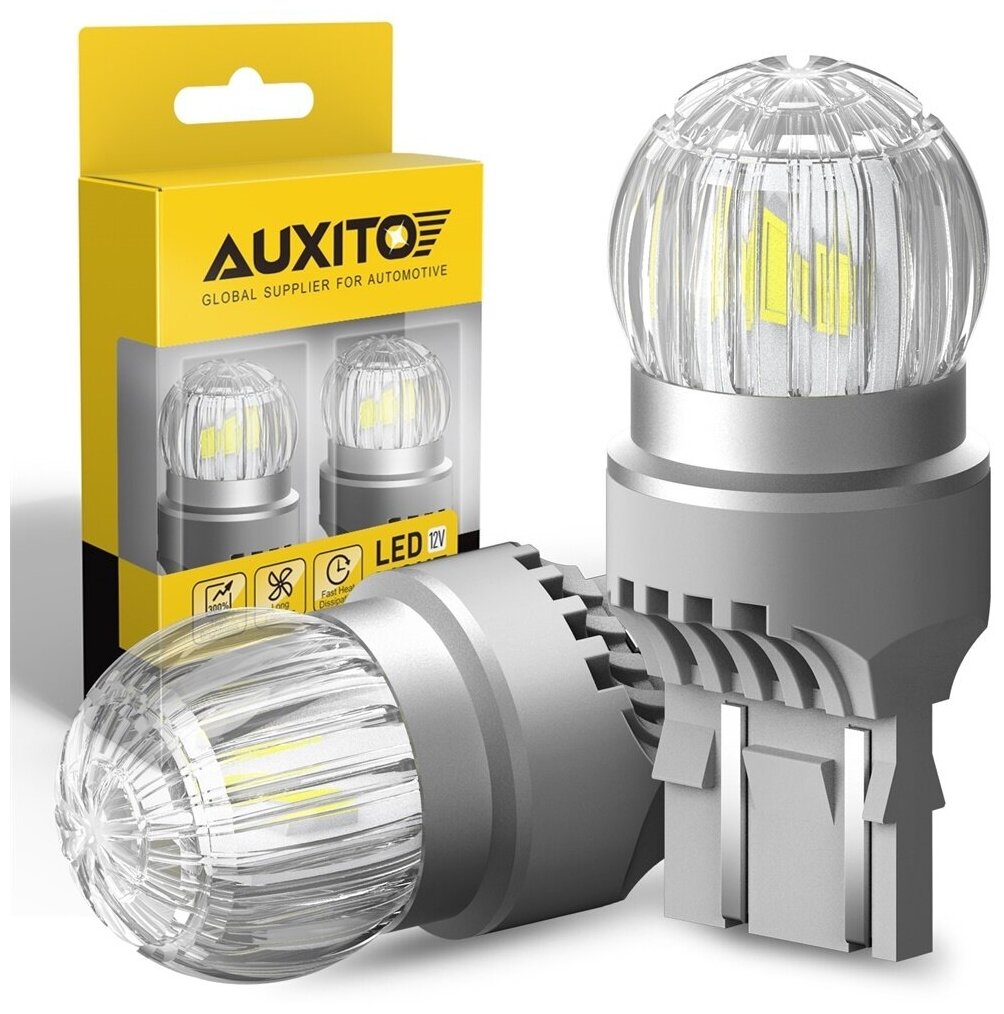 Светодиодная лампа AUXITO T20 7440 W21W цоколь W3x16d 2шт биполярная 6000К белый свет LED автомобильная