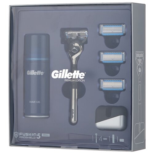 фото Набор gillette подарочный подставка, гель для бритья fusion ultra sensitive 75 мл, бритвенный станок fusion5 proshield chill flexball с эксклюзивной хромированной ручкой