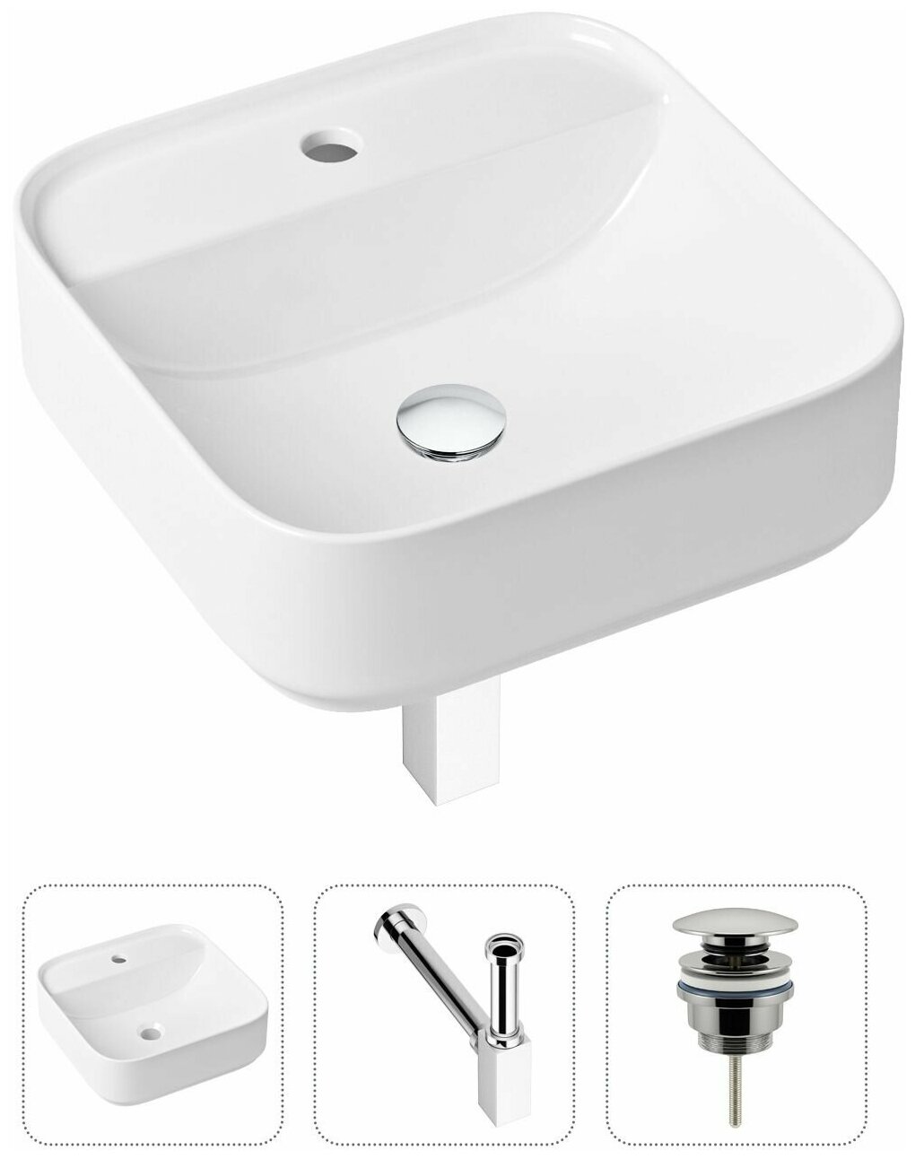 Комплект 3 в 1 Lavinia Boho Bathroom Sink 21520286: накладная фарфоровая раковина 42 см, металлический сифон, донный клапан