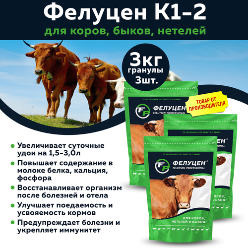 Комплект Фелуцен К1-2 кормовой комплекс для коров, быков, нетелей (гранулы, 3кг), 3шт премикс для дойных коров 5 кг