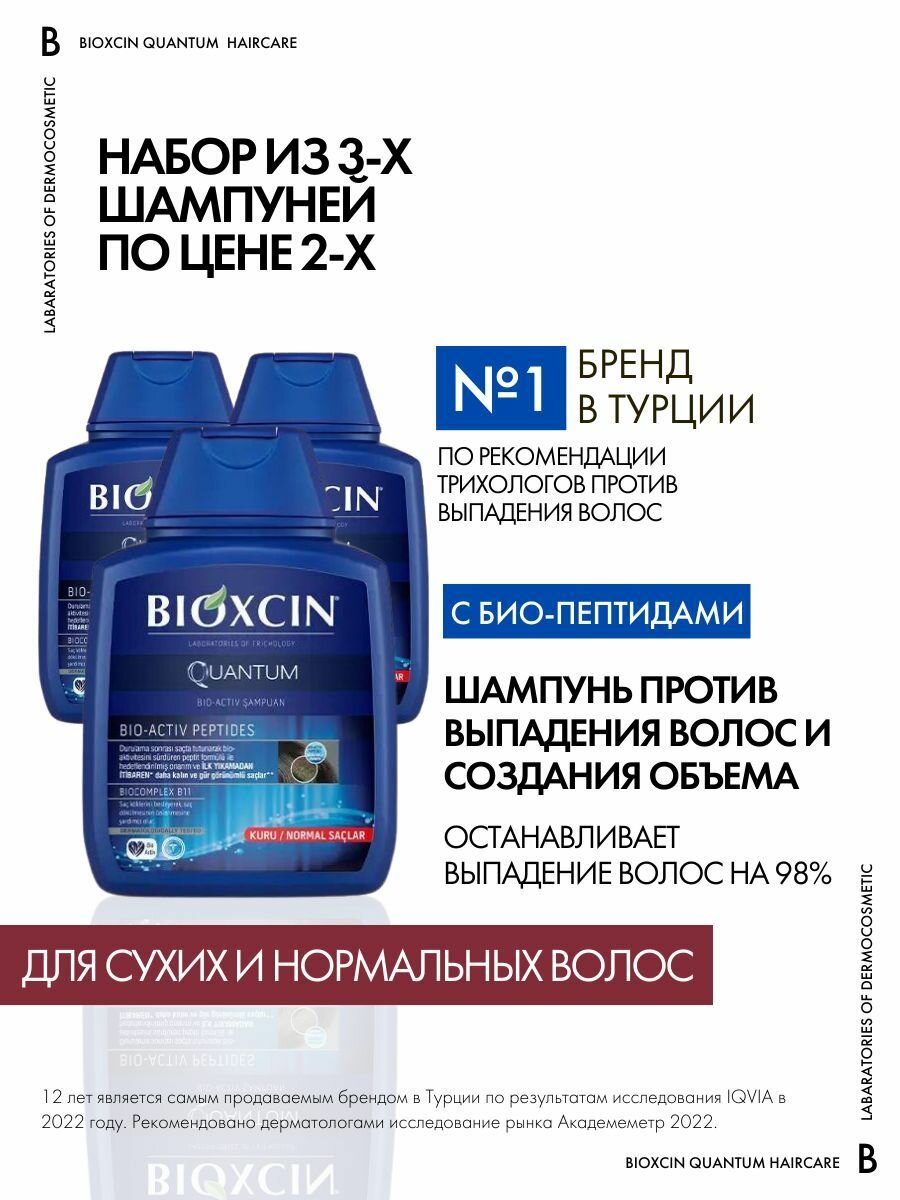Шампунь Bioxcin "Quantum BioActiv Peptides", против выпадения и создания объема волос, 300 мл, 3 шт