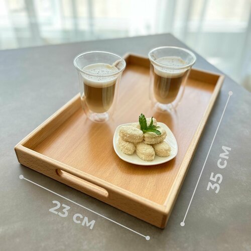 Поднос деревянный прямоугольный с ручками и бортиками для подачи, для сервировки 35х23 см