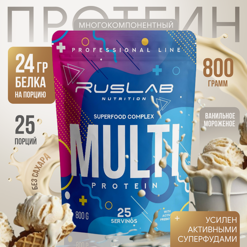 Изображение товара Многокомпонентный протеин MULTI PROTEIN, белковый коктейль для похудения (800 гр), вкус ванильное мороженое