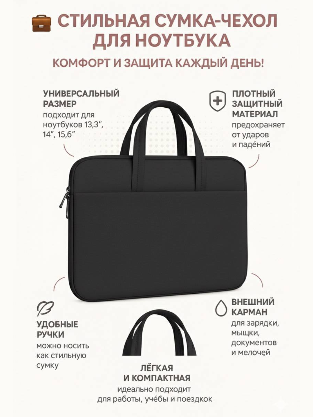 Сумка для ноутбука 14", водонепроницаемый, прочный материал, 5 цветов — фото 1