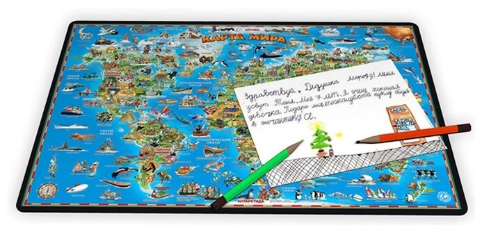 Мат для письма на стол с детской картой мира (коврик, подкладка, подложка настольная), размер 59х38 см, "АГТ Геоцентр"