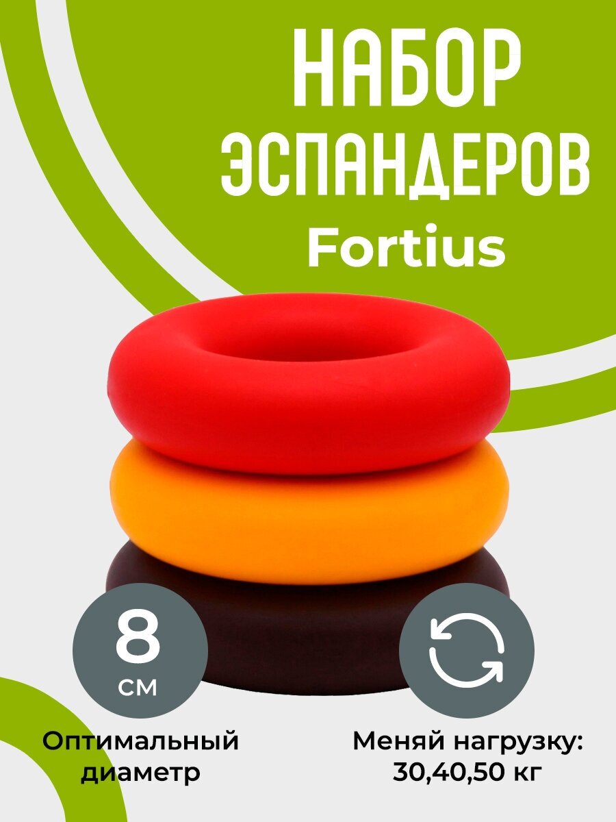 Набор кистевых эспандеров, Fortius, 3шт (30,40,50 кг), тубус