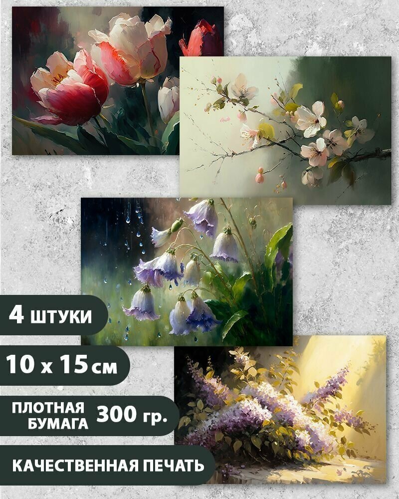 Набор открыток "Весенние цветы 7", 10.5 см х 15 см, 4 шт, InspirationTime, на подарок и в коллекцию