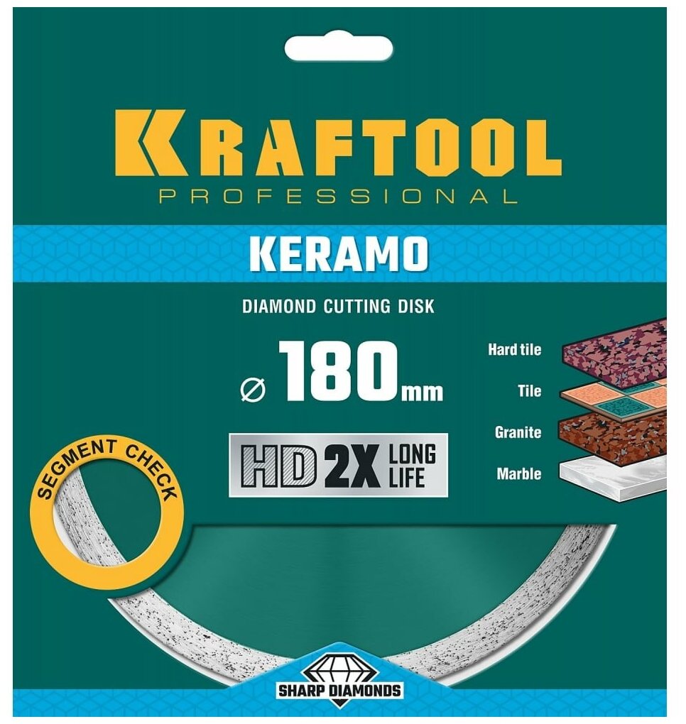 Диск алмазный отрезной сплошной по керамограниту KRAFTOOL Keramo 180х22 мм 36684-180