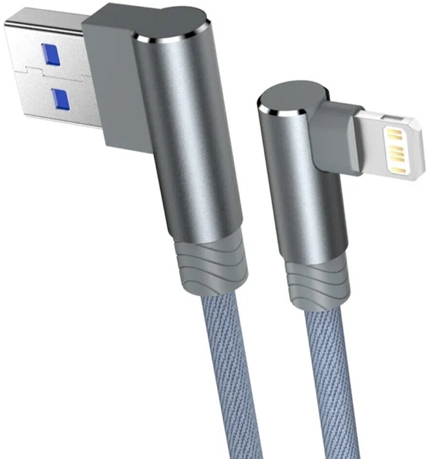 фото USB-кабель для быстрой зарядки с углом 90 град. для Iphone 11, 12, 13, 14, Pro max SE 2, 6, 6s, 7, 8, iPad, AirPods, длина 1 метр, в оплетке, 3 ампера