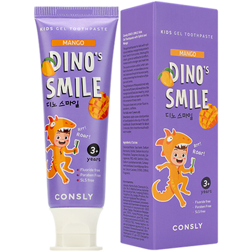 Детская гелевая зубная паста DINO's SMILE c ксилитом и вкусом манго, 60г, Consly уход за полостью рта consly зубная паста гелевая детская c ксилитом и вкусом манго