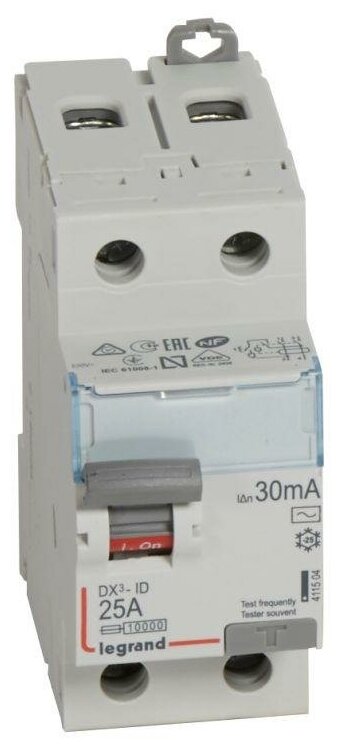 Выключатель дифференциального тока (УЗО) 2п 25А 30мА тип AC DX3 Leg, LEGRAND 411504 (1 шт.)