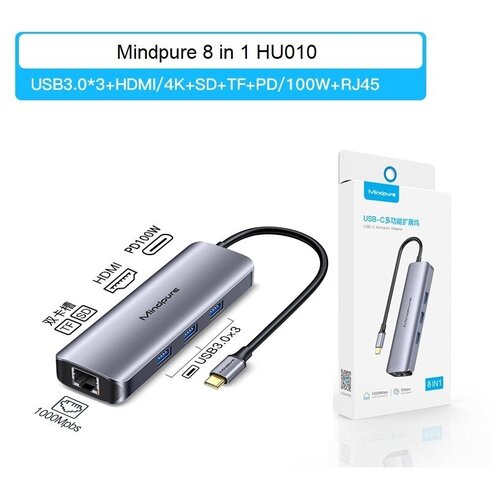 USB-концентратор Хаб Hub Mindpure 8 в 1 HU010 Type-C - USB30х3Type-CPD100WHDMIRJ45SDMicroSDTF 269100₽