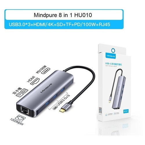 USB-концентратор Хаб Hub 8 в 1 Type-C - USB3.0х3, Type-C(PD100W), HDMI, RJ45, SD, MicroSD(TF) Mindpure HU010. хаб usb type c адаптер переходник 8 в 1 hdmi 4k rj45 tf sd usbx2 type c pd 87w для macbook для ноутбука