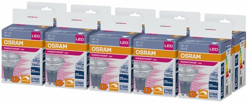 Лампа светодиодная OSRAM 9.6W=100W 220V Софит PARATHOM GU10 PAR16 750Лм Диммируемая угол 36° 2700К Ra≥90 Теплый белый, уп. 10шт