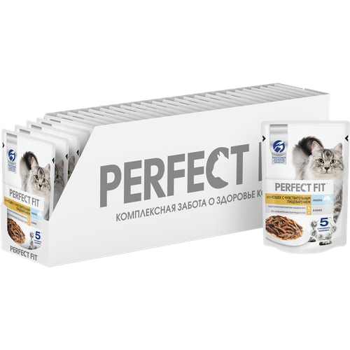 Perfect Fit влажный корм для кошек с чувствительным пищеварением, с лососем в соусе (28шт в уп) (75 гр)