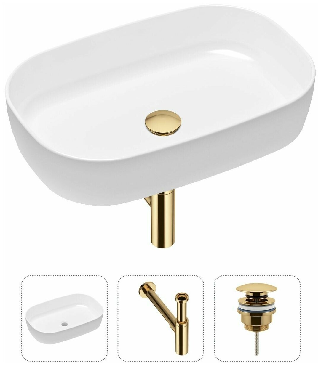 Накладная раковина в ванную Lavinia Boho Bathroom Sink Slim 21520094 в комплекте 3 в 1: умывальник белый, донный клапан и сифон в цвете золото