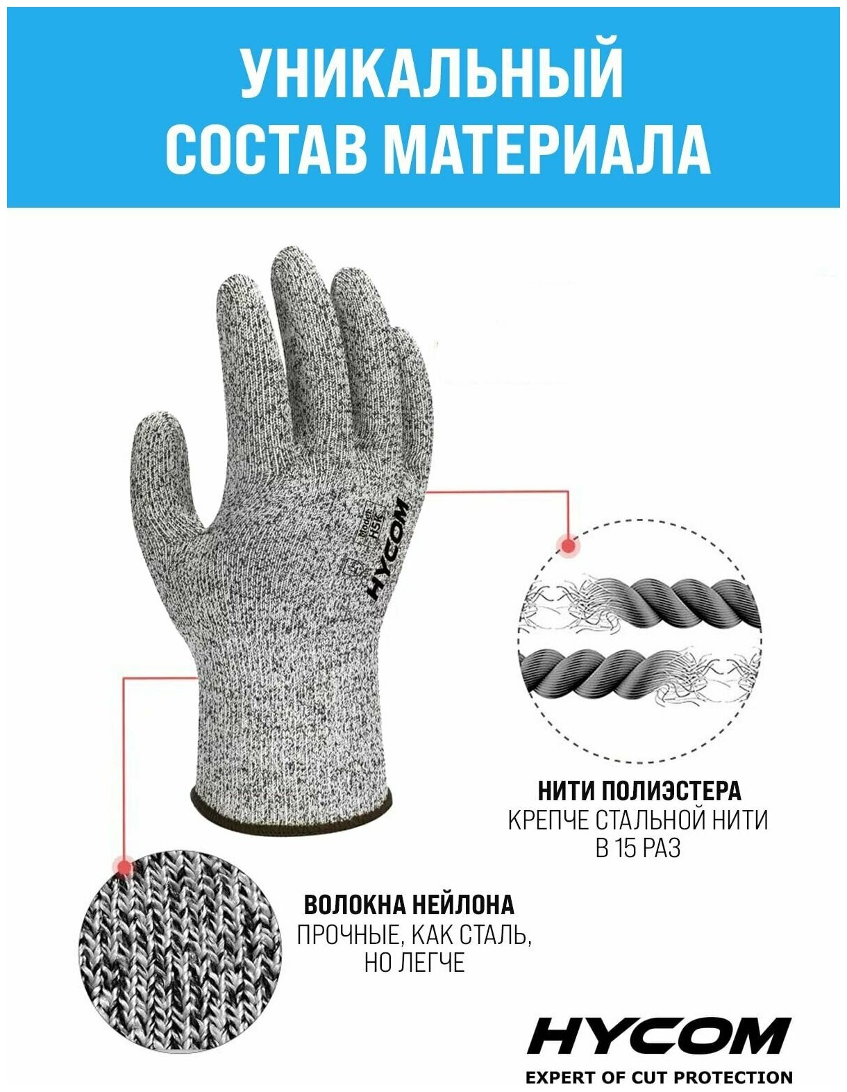 Перчатки защитные от порезов HYCOM / Рабочие строительные перчатки / Перчатки для охоты и рыбалки / Эластичные / Дышащие / / Размер L / 1 пара