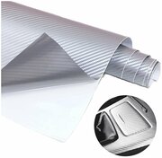 Защитная виниловая плёнка SunGrass карбон 150х30 см 3D / Декор для мебели / Виниловая автомобильная серебристая карбоновая самоклеющаяся пленка