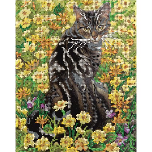 Вышивка бисером картины Кот в цветах 19*24см