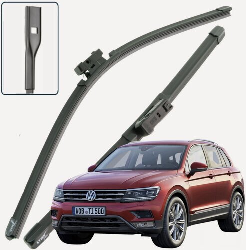 Изображение товара Дворники VW Volkswagen Tiguan (2) Mk 2 / Фольксваген Тигуан МК2 2016 / 2017 / 2018 / 2019 / 2020 / 2021 Щетки стеклоочистителя бескаркасные автомобильные LYNXauto 650мм-550мм к-т 2шт. Товар уцененный