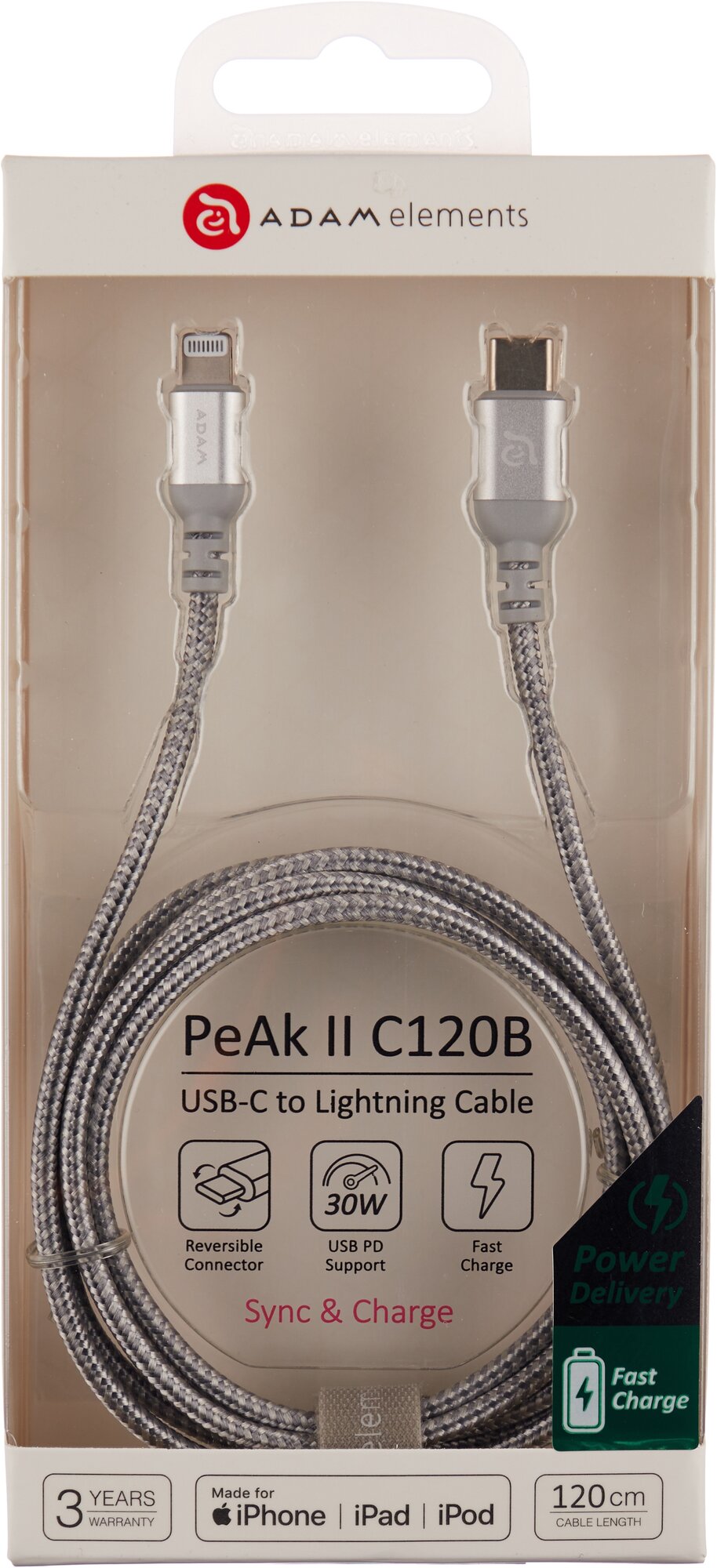 Кабель ADAM elements PeAk II, USB-C/Lightning C120B, серебристый