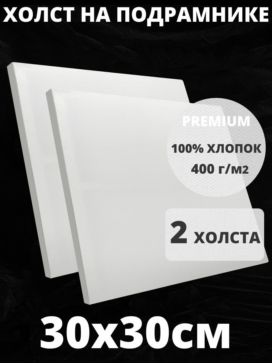 Холст на подрамнике квадратный грунтованный 30х30 см, плотность 400 г/м2 для рисования 2 шт