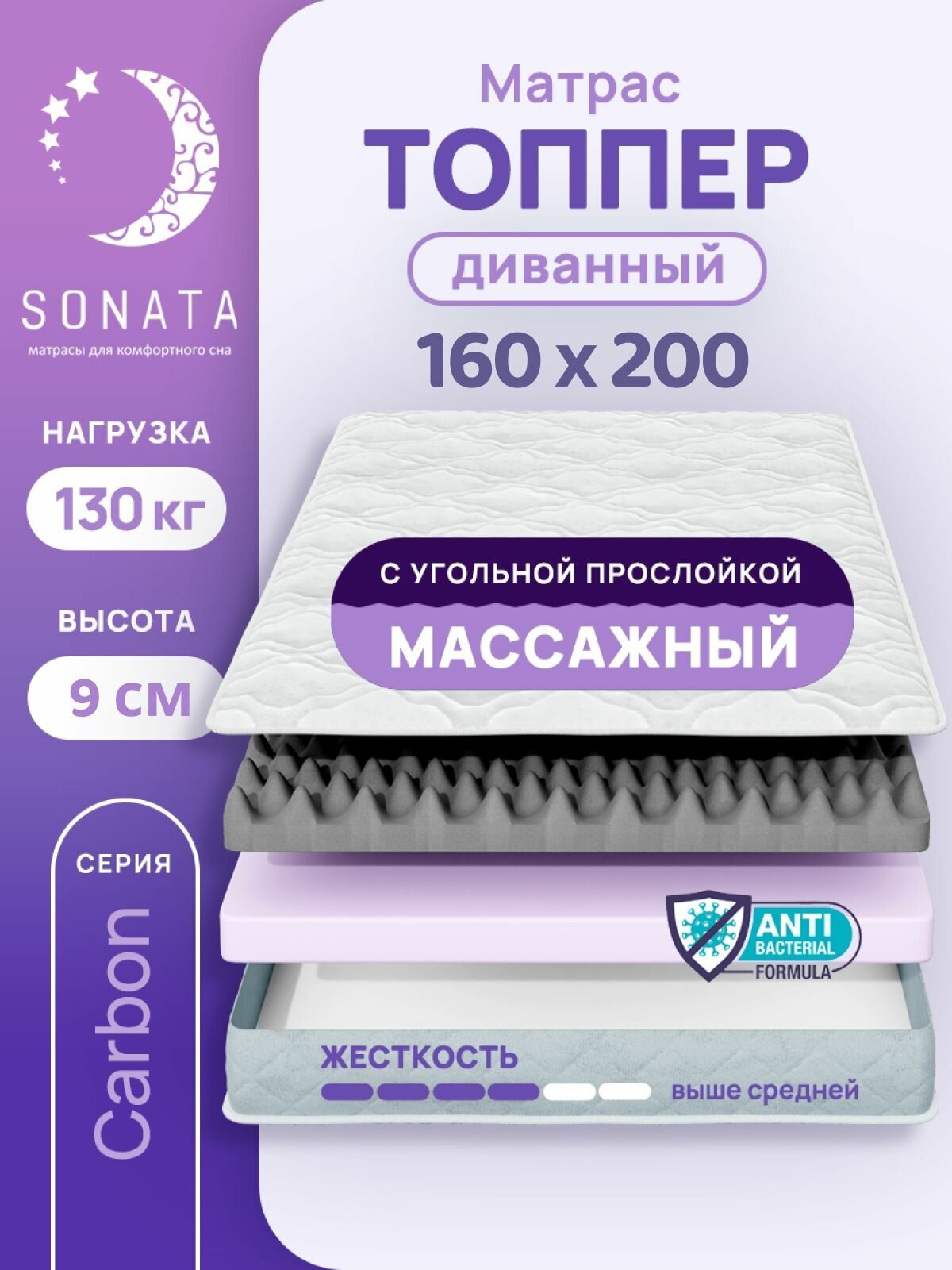 Топпер матрас 160х200 см SONATA, ортопедический, беспружинный, двуспальный, тонкий матрац для дивана, кровати, высота 9 см с массажным эффектом