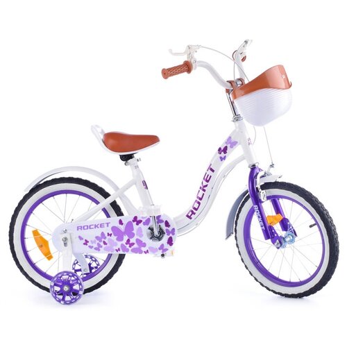 Велосипед детский 2-х колесный 16 с боковыми тренировочными колесами светящиеся во время движениякорзиной на рост ребенка 100-125 см 5-6 лет ROCKET цвет белыйфиолетовый модель 2023 года R0108 827300₽