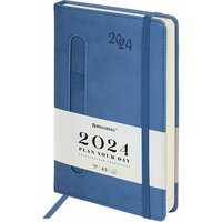 Ежедневник планинг датированный 2024 А5 138x213мм Brauberg Optimal, под кожу, резинка-фиксатор, держатель для ручки, синий, 114972